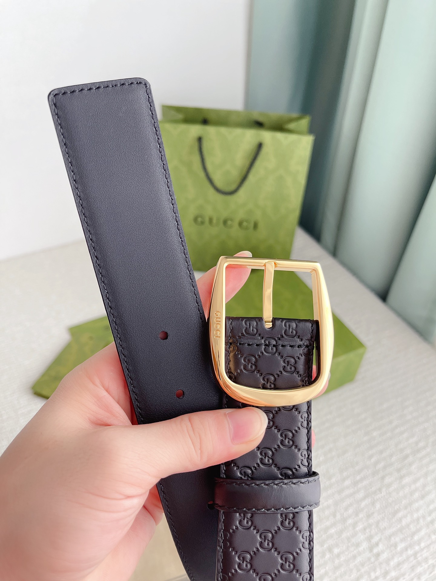 GUCCI MONOGRAM BLACK BELT GOLD METAL 4CM - Image 2