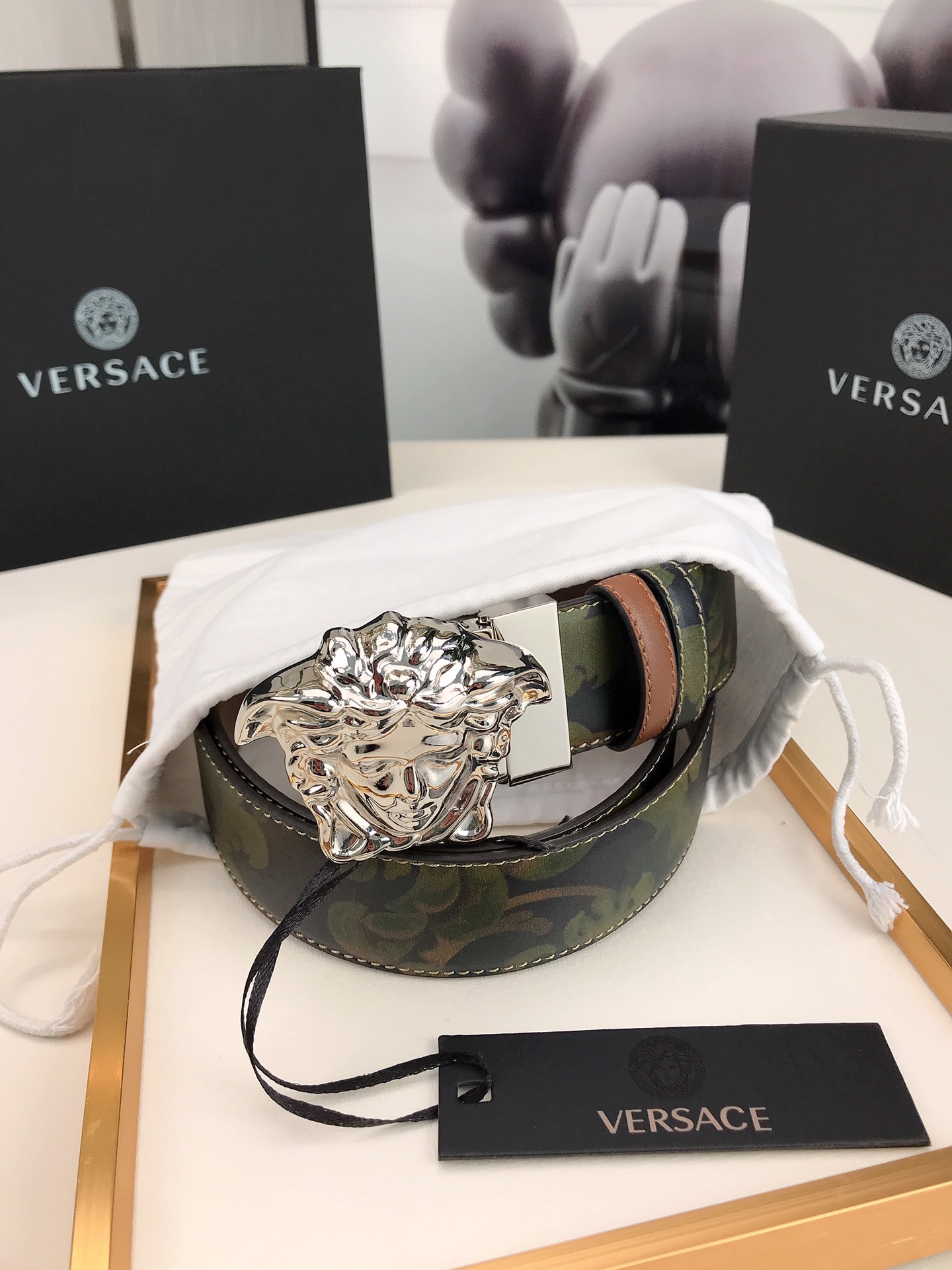 VERSACE LA MEDUSA LEATHER KHAKI SILVER METAL 4CM - Image 2