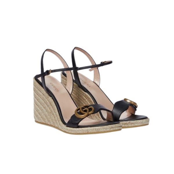 GUCCI LEATHER WEDGE ESPADRILLE SANDALS BLACK 8CM