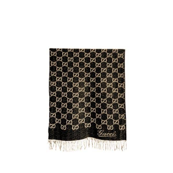 GUCCI GG JACQUARD WOOL SCARF BLACK AND BEIGE