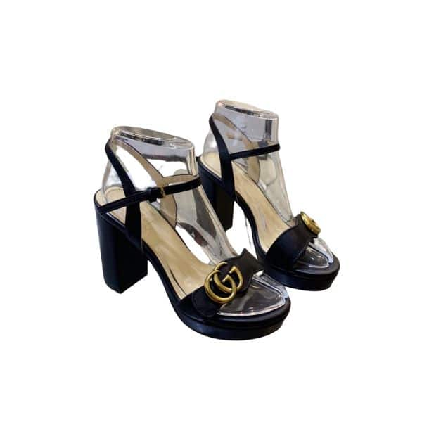 GUCCI GG LEATHER HEELED SANDAL BLACK