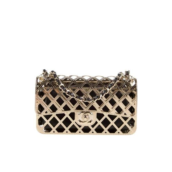 CHANEL METALLIC DIAMOND LINED BLACK LEATHER CHAIN FLAP BAG GOLD 18CM AS2514 B05552 NC533