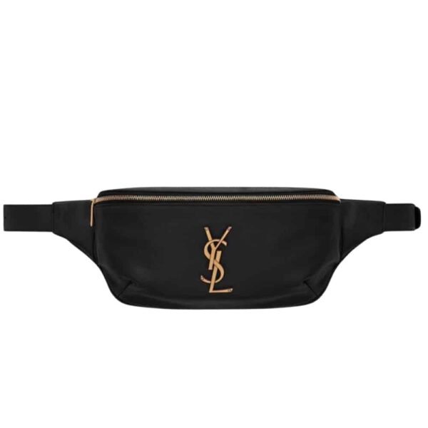 SAINT LAURENT BELT BAG YSL LOGO APPLIQUÉD LEATHER BLACK 25CM
