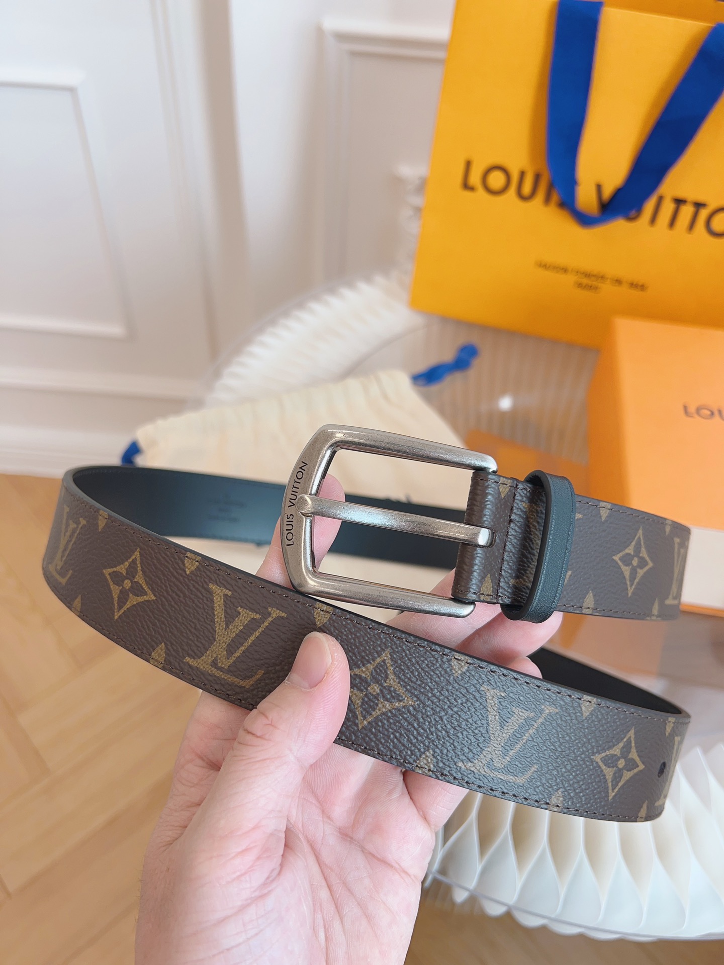 LOUIS VUITTON BELT MONOGRAM LEATHER BROWN SILVER HARDWARE 35MM - Image 3