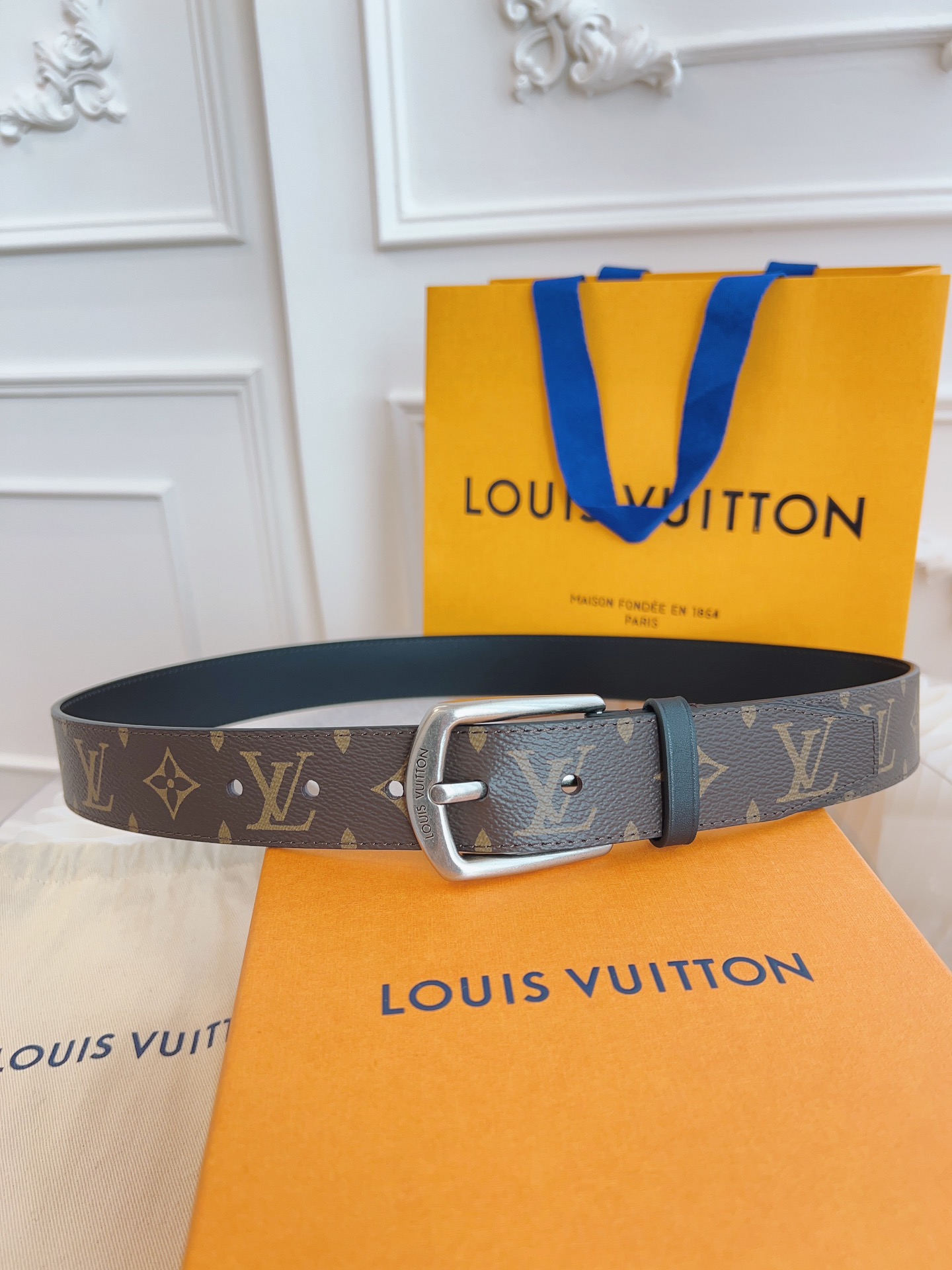 LOUIS VUITTON BELT MONOGRAM LEATHER BROWN SILVER HARDWARE 35MM - Image 5