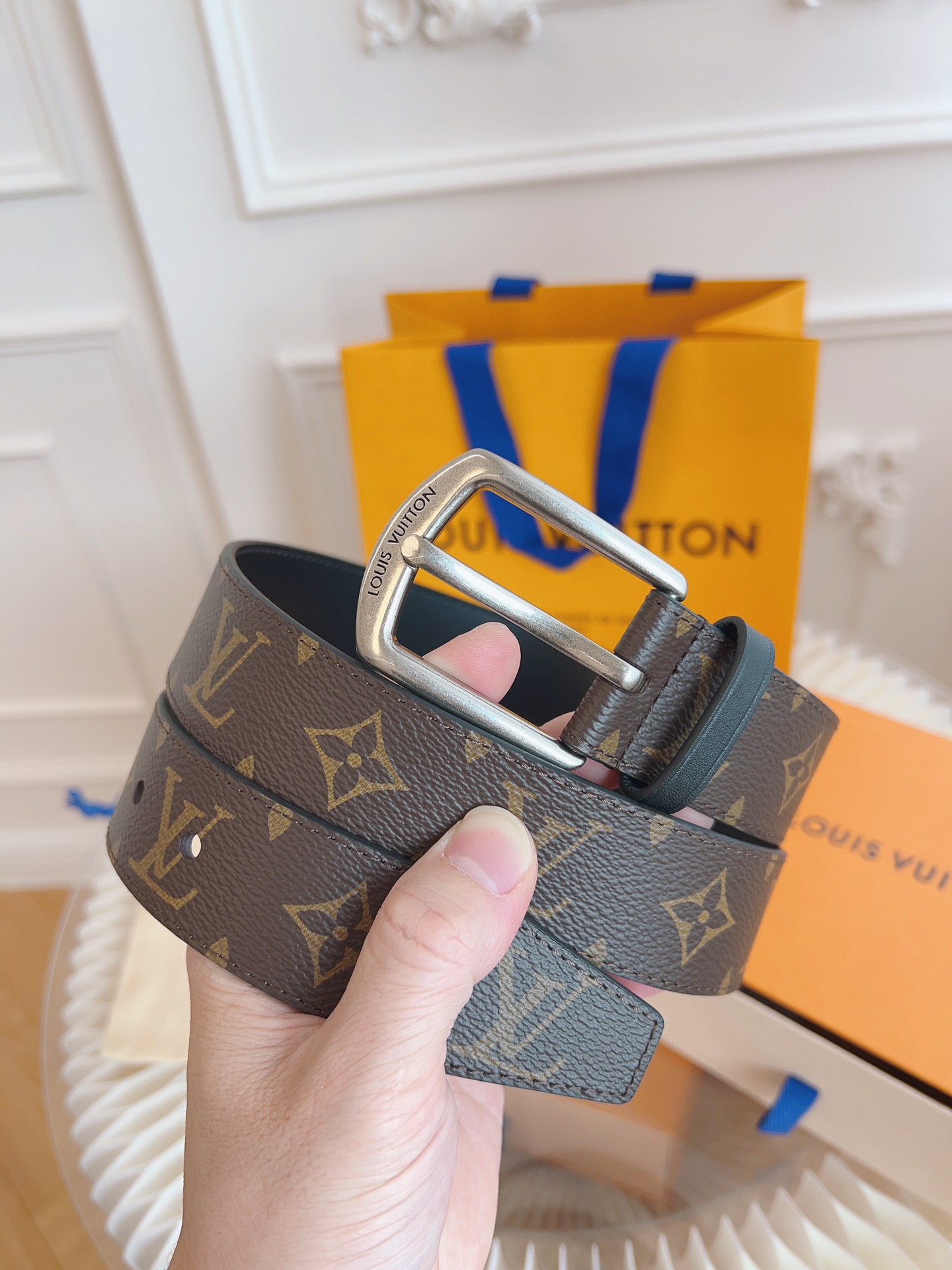LOUIS VUITTON BELT MONOGRAM LEATHER BROWN SILVER HARDWARE 35MM - Image 7