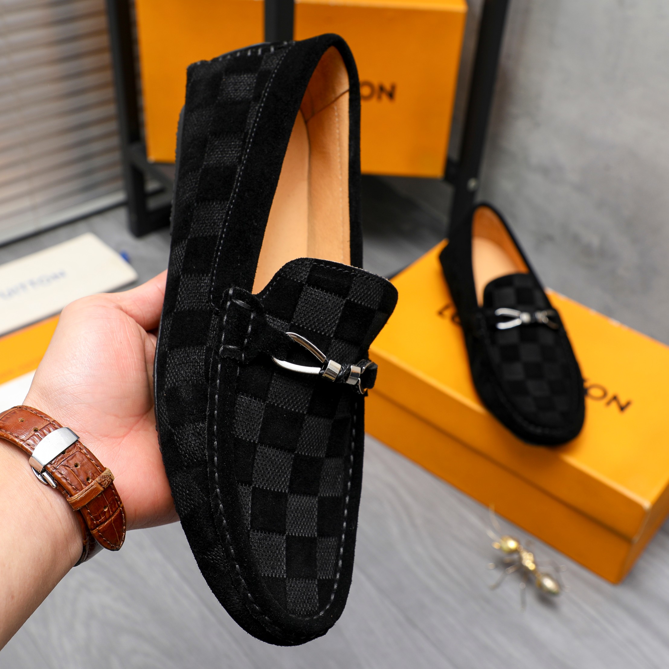 LOUIS VUITTON LV DAMIER SUEDE LEATHER LOAFERS IN BLACK - Image 4