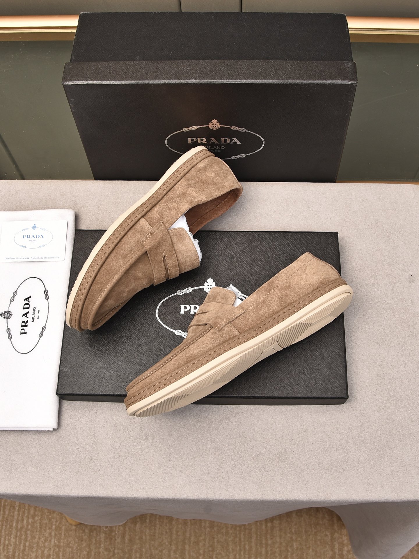 PRADA MEN'S FLAT LOAFERS SUEDE LEATHER BROWN - Image 5