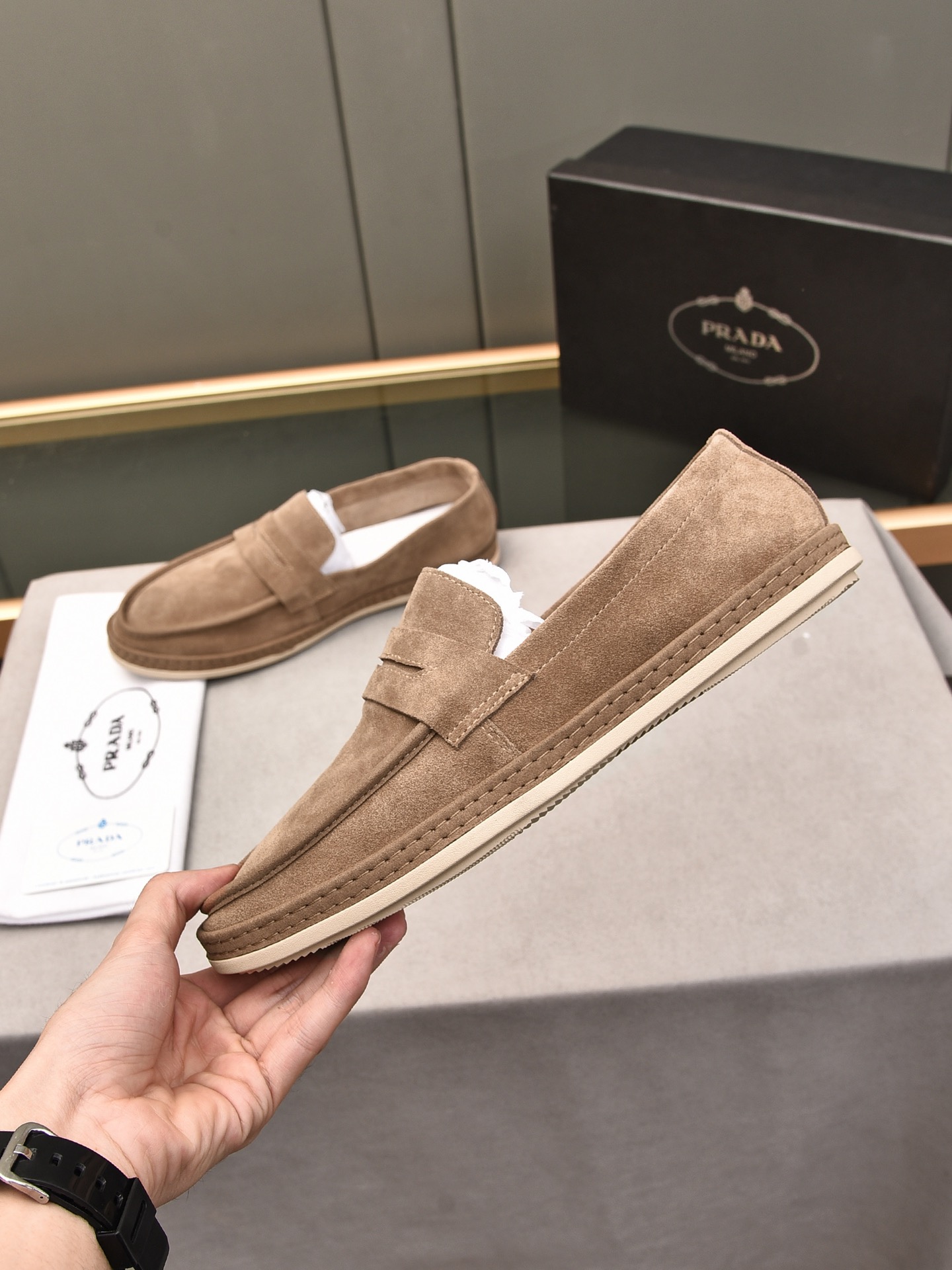 PRADA MEN'S FLAT LOAFERS SUEDE LEATHER BROWN - Image 2