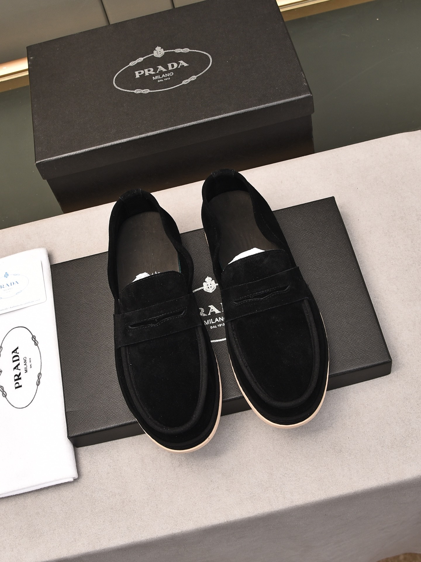 PRADA MEN'S FLAT LOAFERS SUEDE LEATHER BLACK - Image 5