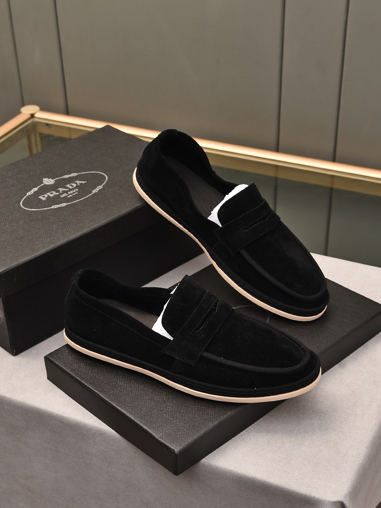 PRADA MEN'S FLAT LOAFERS SUEDE LEATHER BLACK - Image 3