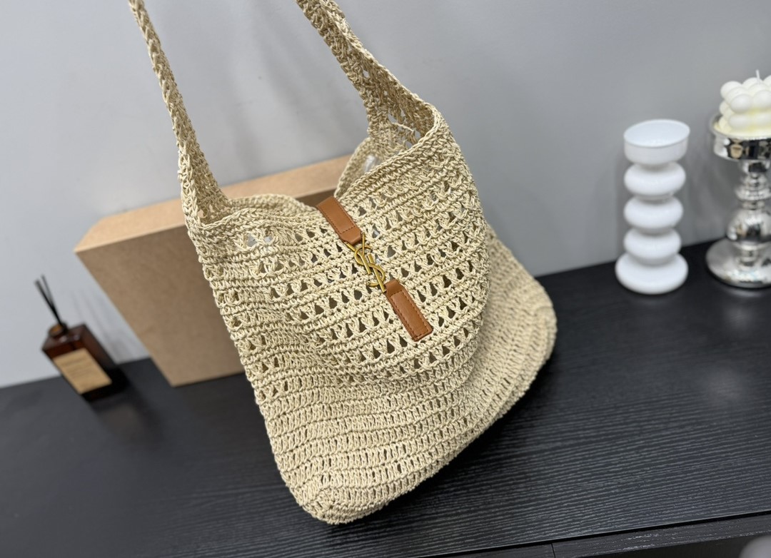 SAINT LAURENT LE 5 A 7 IN RAFFIA CROCHET AND SMOOTH LEATHER BEIGE 32CM 690941GAAAR2080 - Image 2