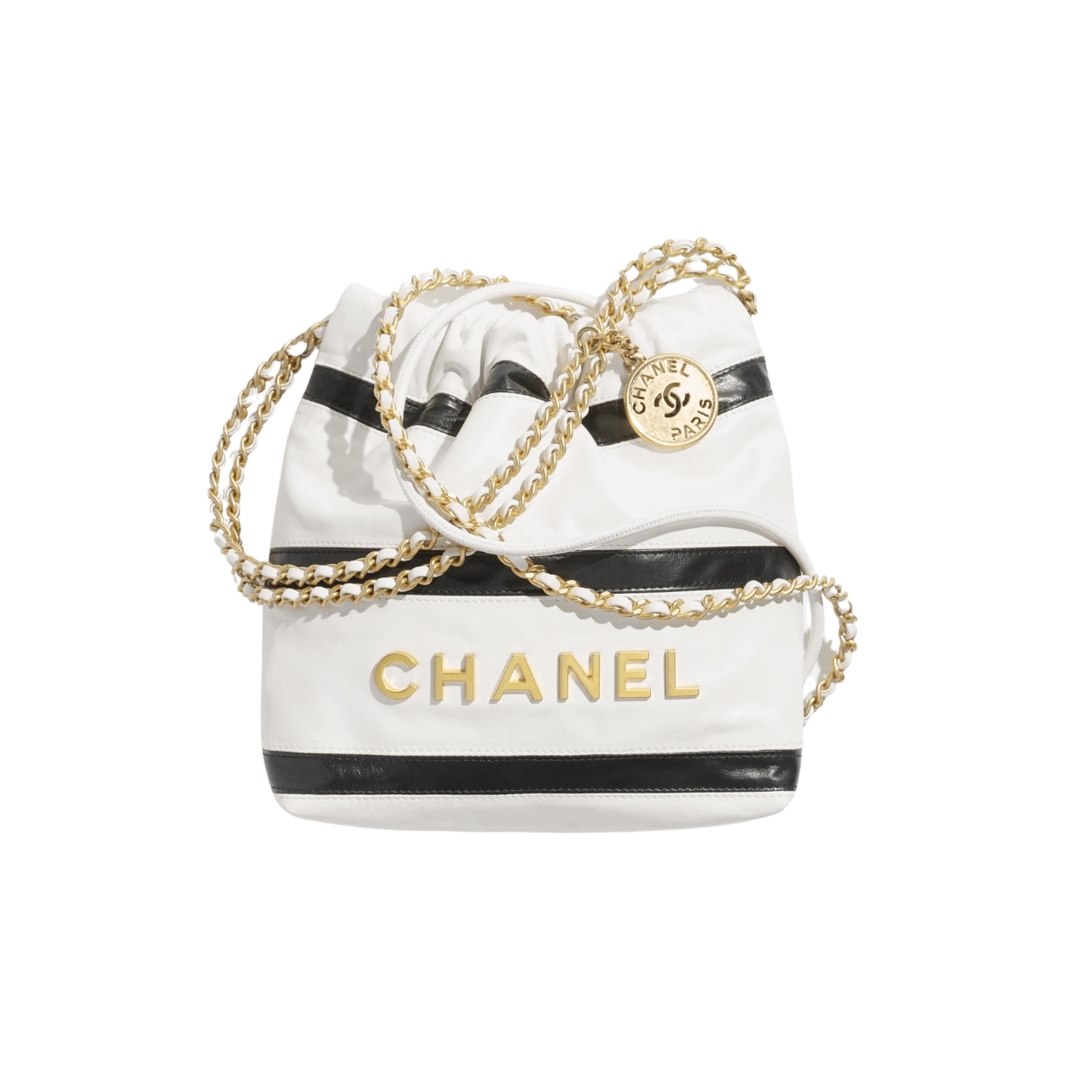 CHANEL 22 SMALL HANDBAG BLACK WHITE GOLD TONE METAL 19CM AS3980 B16652 NY081