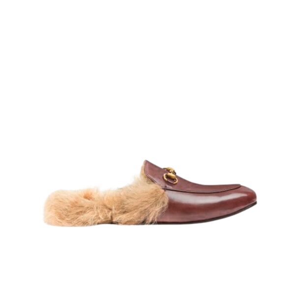 GUCCI PRINCETOWN FURLINED LEATHER SLIPPERS IN BROWN