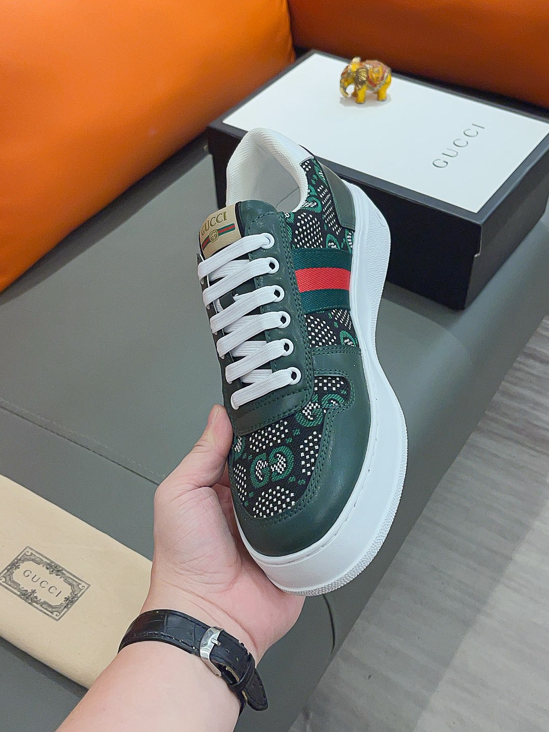 GUCCI SCREENER GG HIGH TOP SNEAKER LEATHER IN GREEN - Image 5