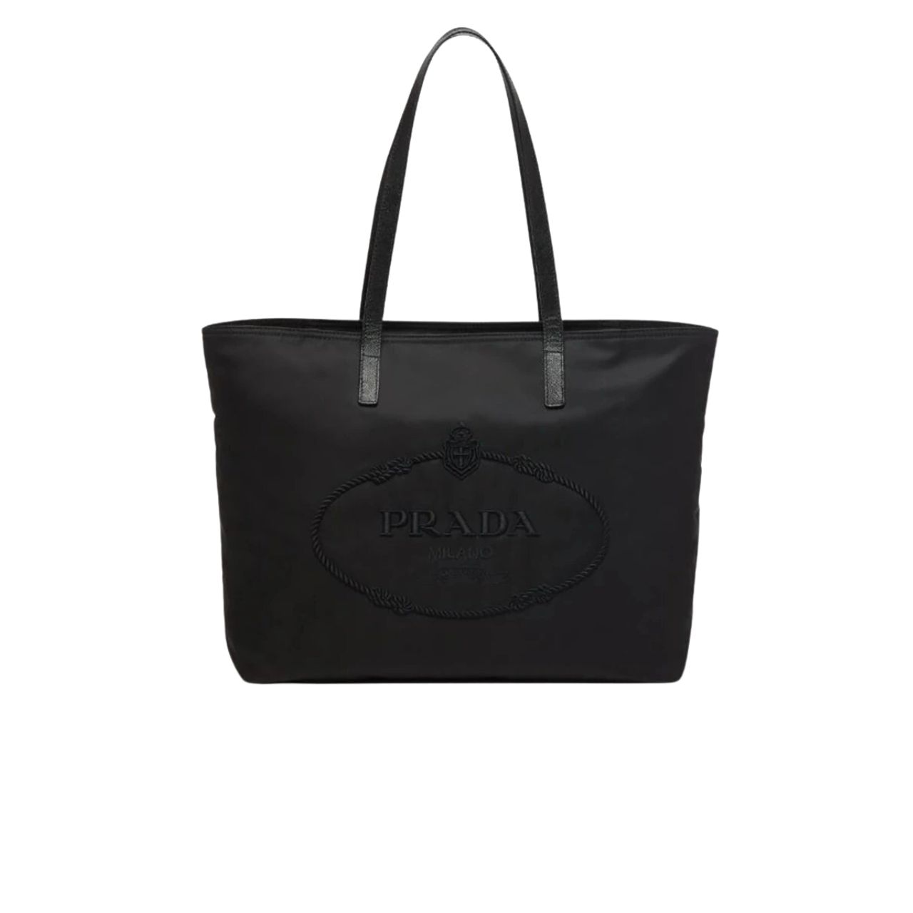 PRADA NYLON TOTE WITH EMBROIDERED LOGO BLACK 32CM