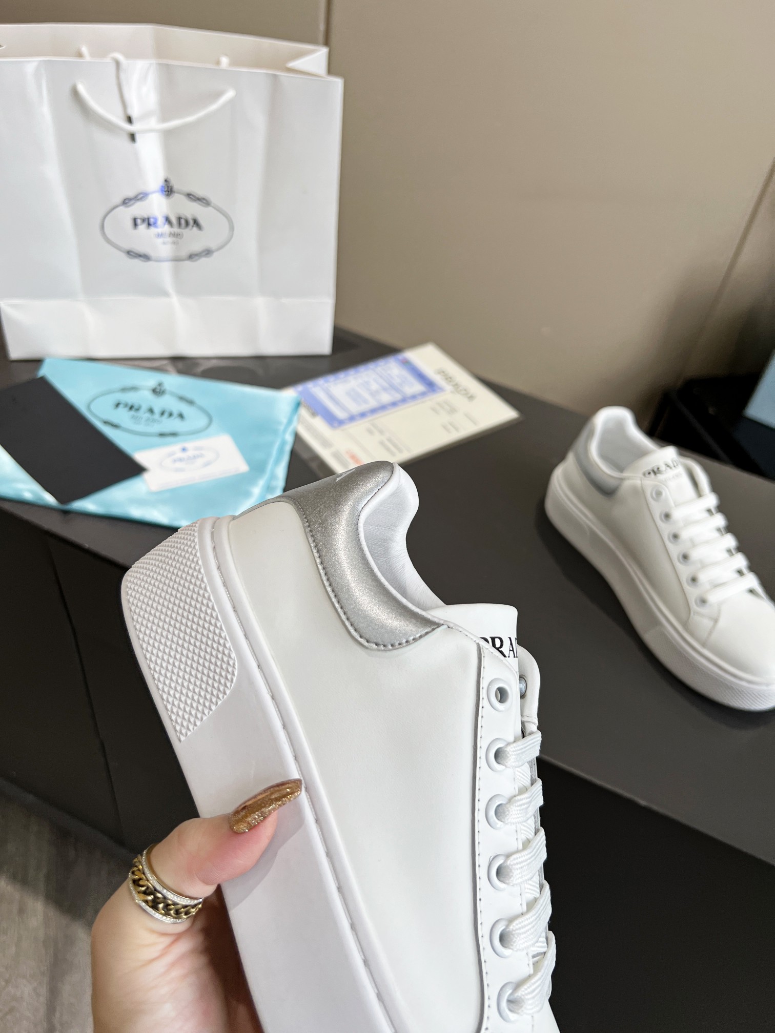 PRADA SNEAKERS IN WHITE LEATHER WITH SILVER LOGO - Image 2