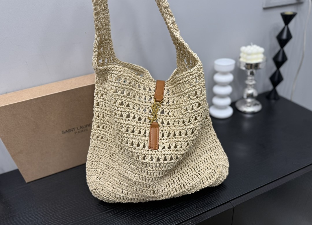 SAINT LAURENT LE 5 A 7 IN RAFFIA CROCHET AND SMOOTH LEATHER BEIGE 32CM 690941GAAAR2080 - Image 3