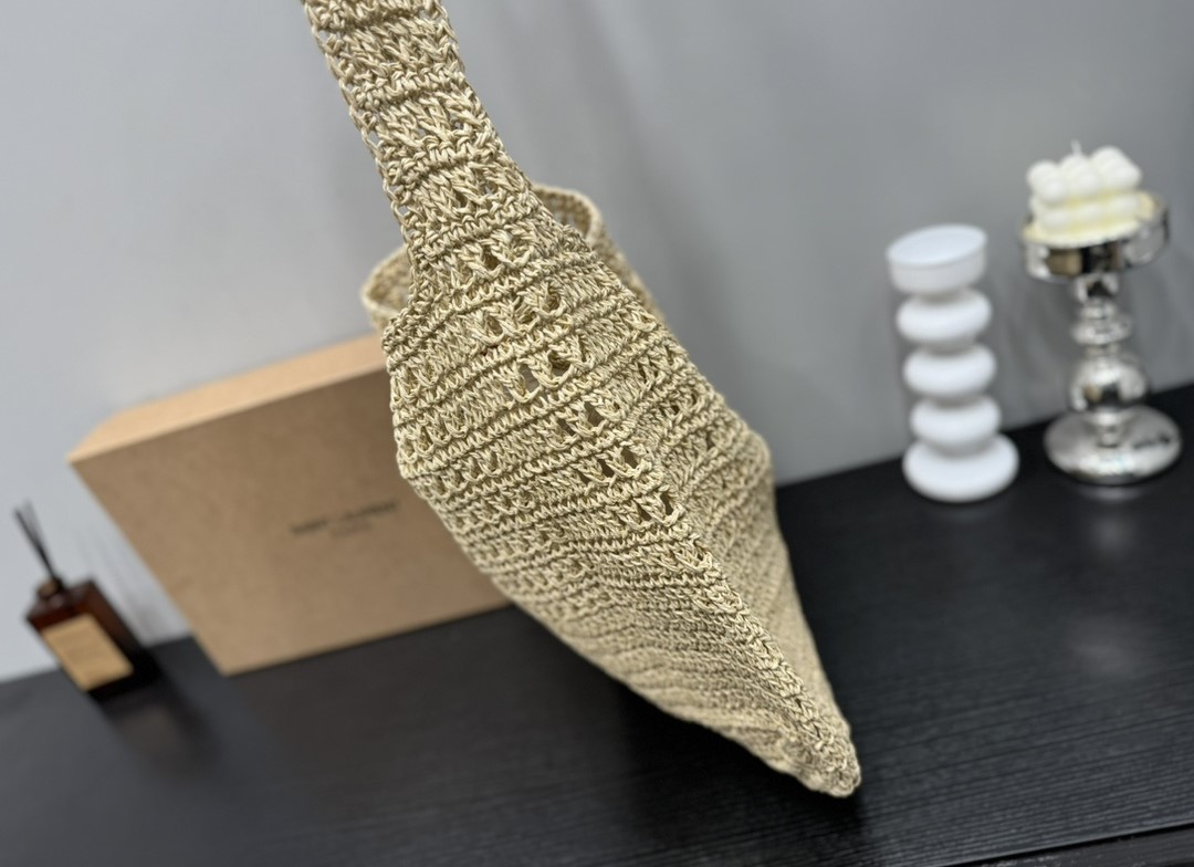 SAINT LAURENT LE 5 A 7 IN RAFFIA CROCHET AND SMOOTH LEATHER BEIGE 32CM 690941GAAAR2080 - Image 4