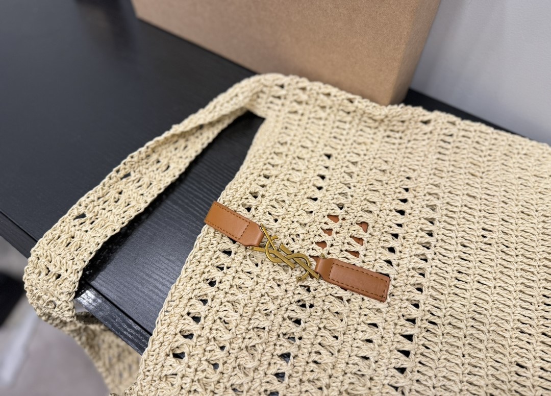 SAINT LAURENT LE 5 A 7 IN RAFFIA CROCHET AND SMOOTH LEATHER BEIGE 32CM 690941GAAAR2080 - Image 7