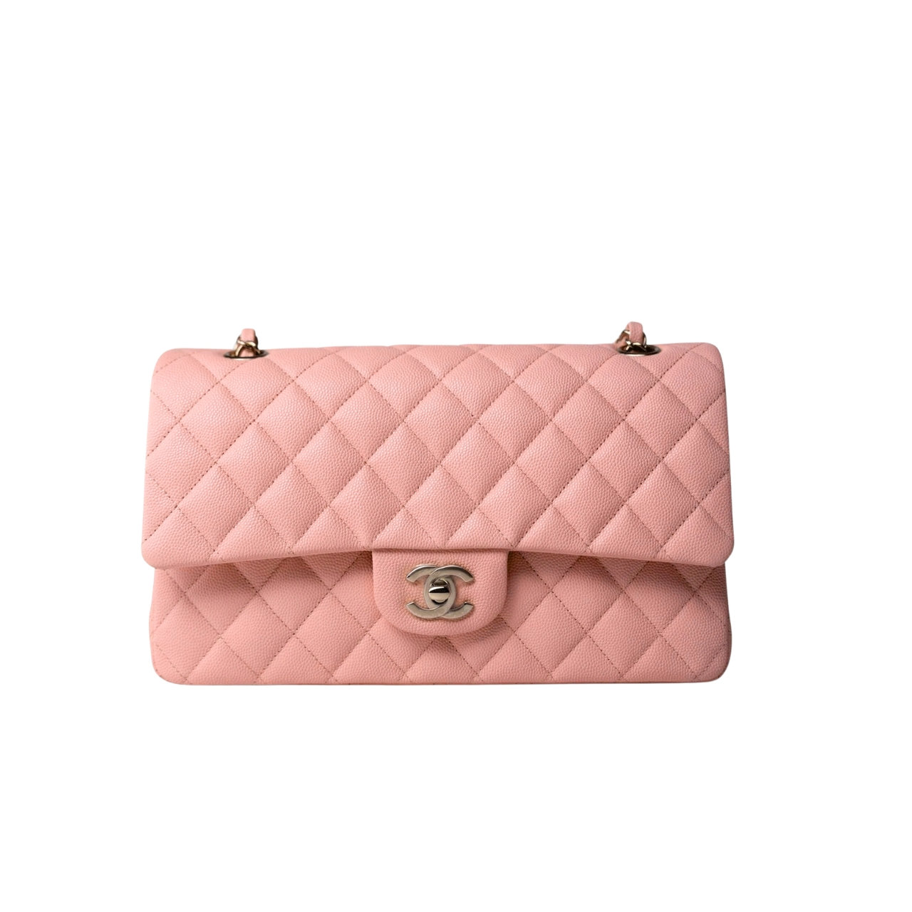 CHANEL CLASSIC DOUBLE FLAP BAG CAVIAR SILVER HARDWARE LIGHT PINK 25CM