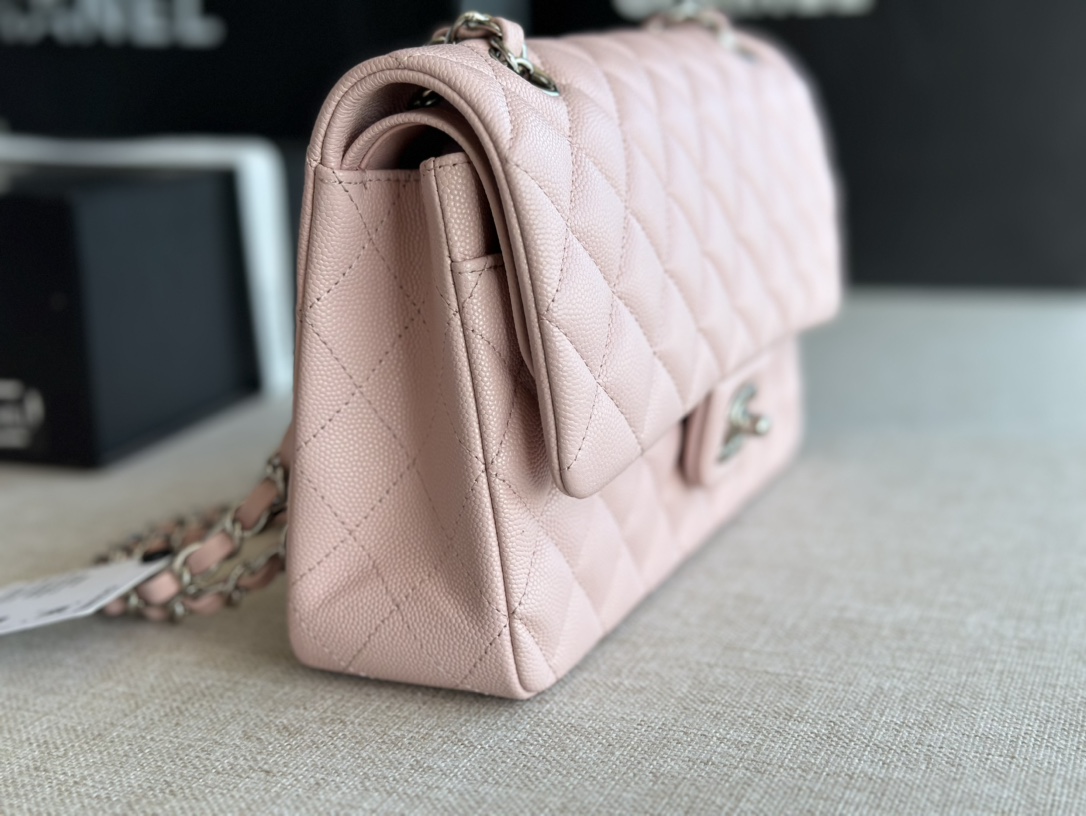 CHANEL CLASSIC DOUBLE FLAP BAG CAVIAR SILVER HARDWARE LIGHT PINK 25CM - Image 6