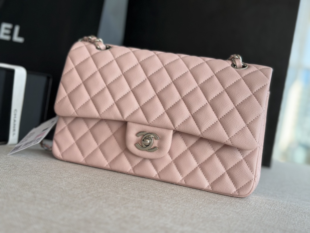 CHANEL CLASSIC DOUBLE FLAP BAG CAVIAR SILVER HARDWARE LIGHT PINK 25CM - Image 9