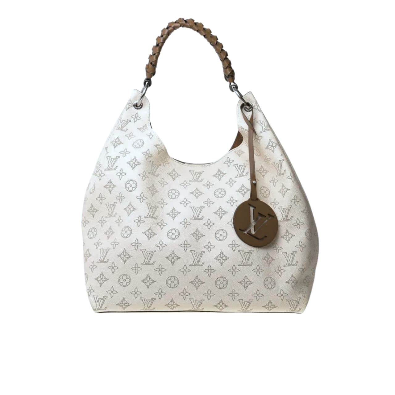 LOUIS VUITTON CREME MAHINA CARMEL HOBO BAG WHITE AND BROWN 40CM