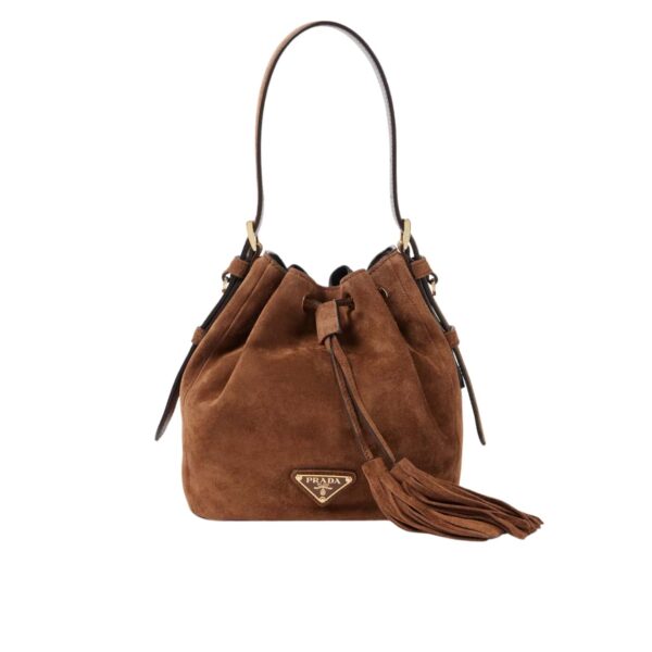 PRADA SMALL SUEDE BUCKET BAG IN BROWN 20CM