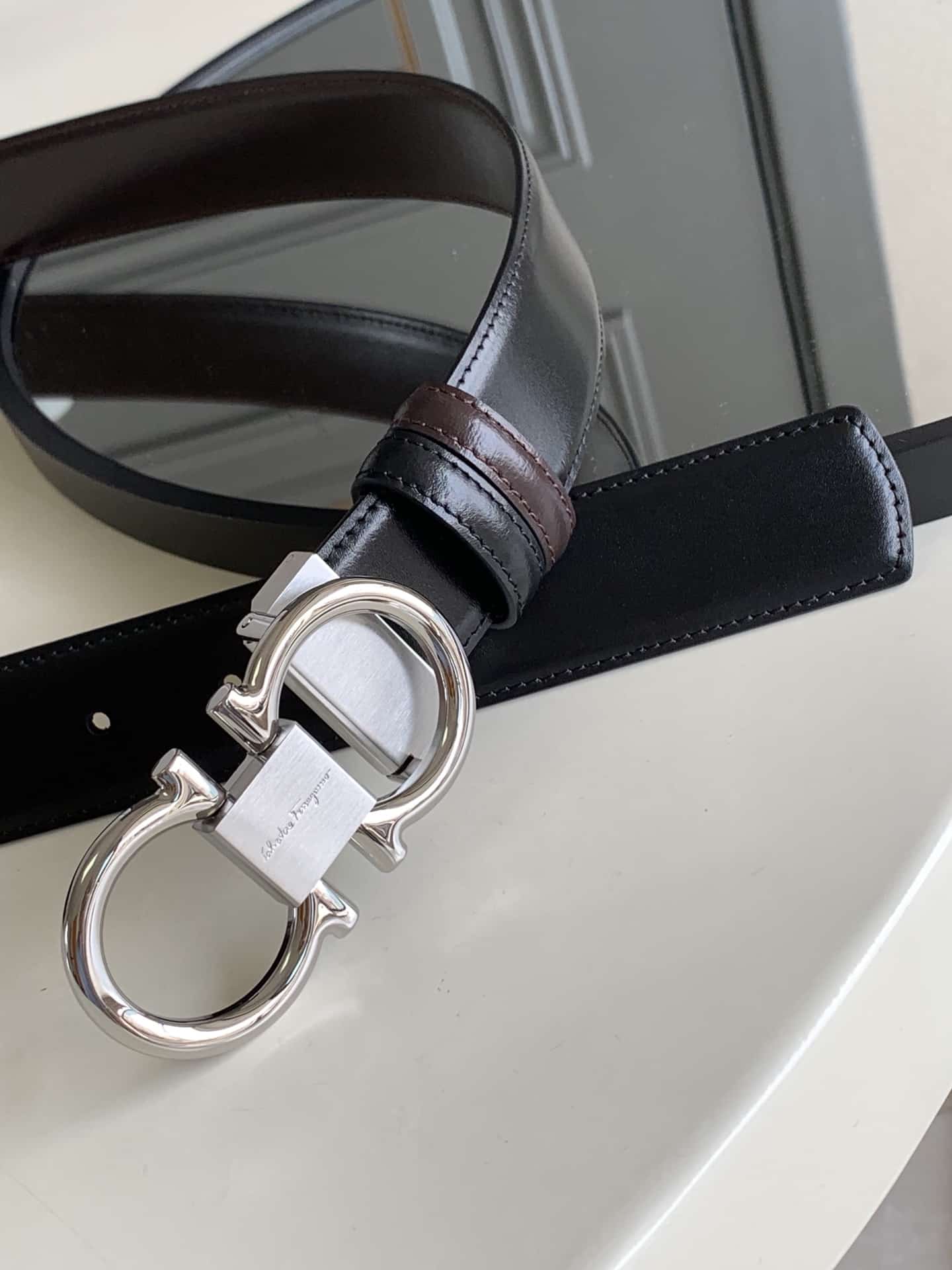 SALVATORE FERRAGAMO REVERSIBLE LEATHER BELT BLACK 3.5CM - Image 2