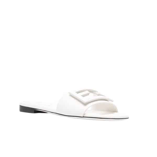 FENDI BAGUETTE WHITE LEATHER SLIDES