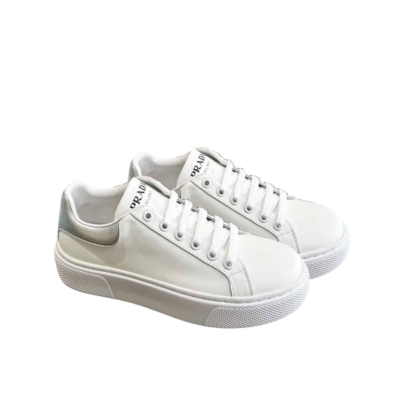 PRADA SNEAKERS IN WHITE LEATHER WITH SILVER LOGO