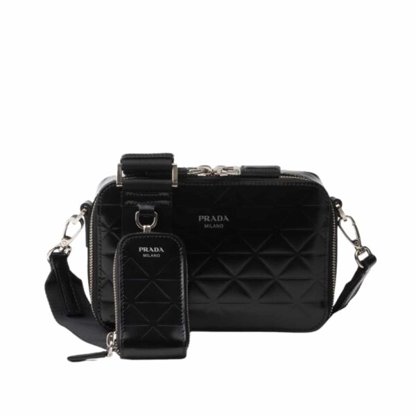 PRADA BRIQUE BRUSHED LEATHER BAG WITH TRIANGLE MOTIF BLACK 18CM 2VH070 ZO6 F0002 V ZMT