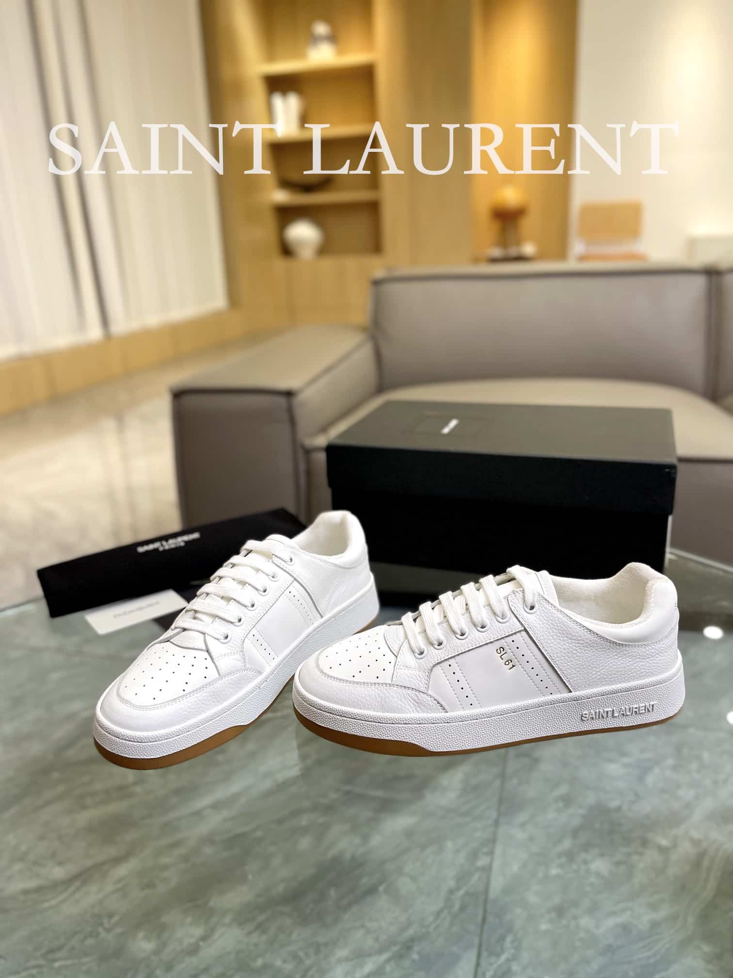 SAINT LAURENT PERFORATED LEATHER SNEAKERS WHITE - Image 7