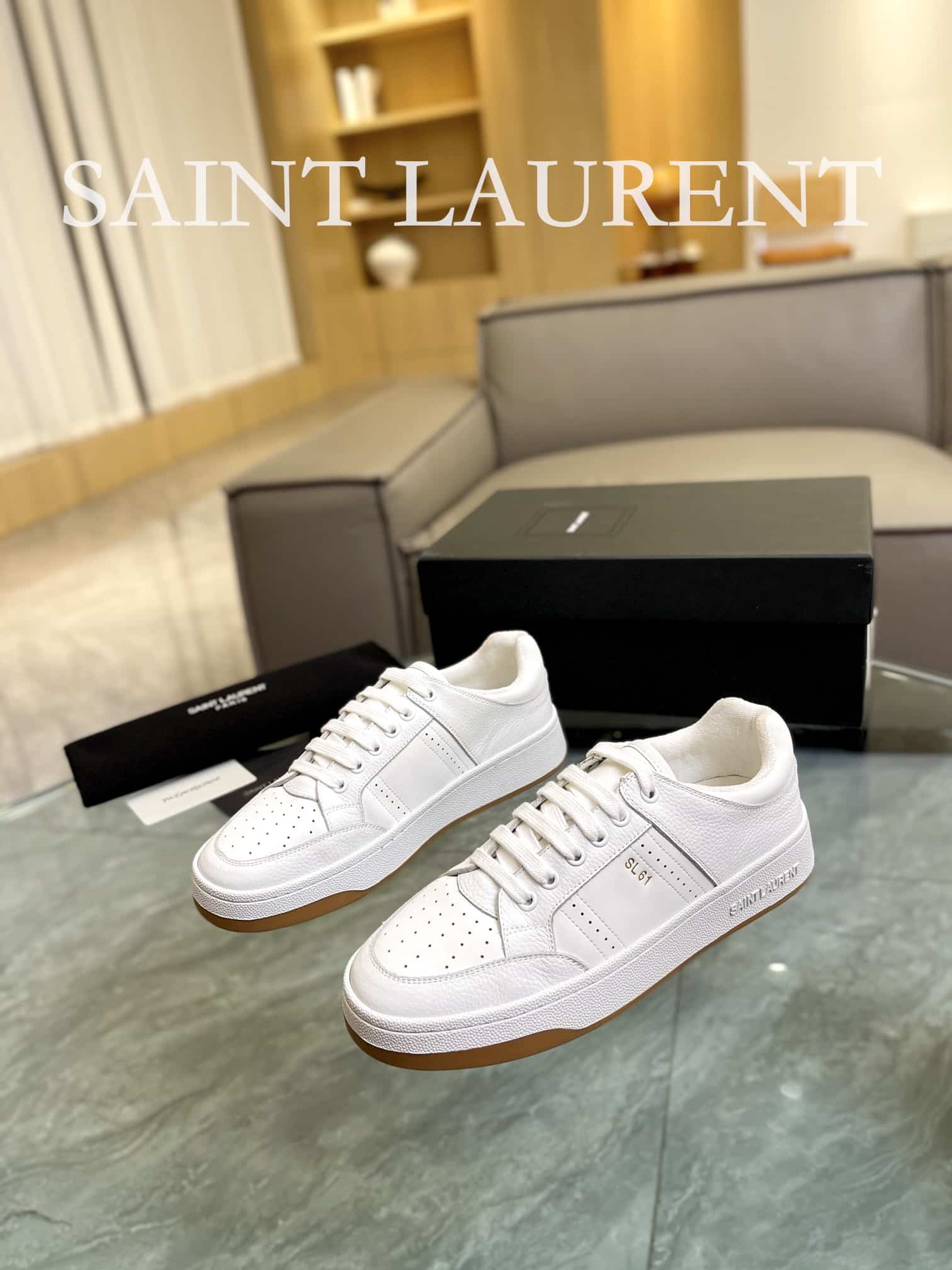 SAINT LAURENT PERFORATED LEATHER SNEAKERS WHITE - Image 9