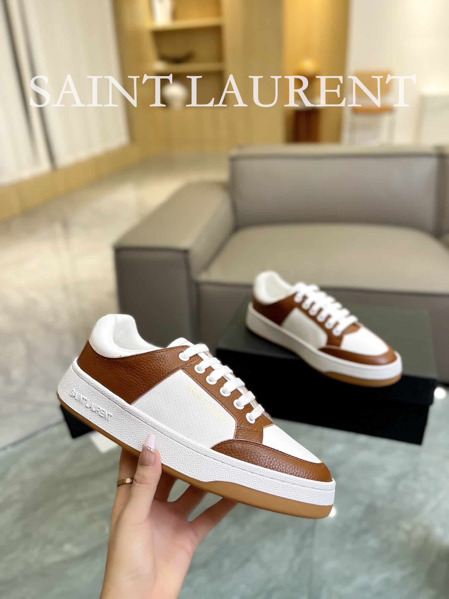 SAINT LAURENT PERFORATED LEATHER SNEAKERS BROWN - Image 3