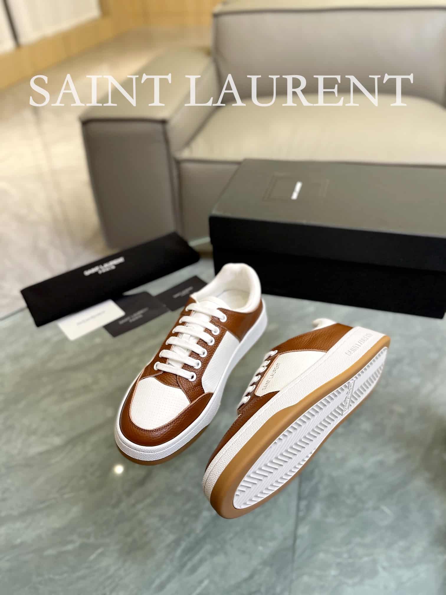 SAINT LAURENT PERFORATED LEATHER SNEAKERS BROWN - Image 4