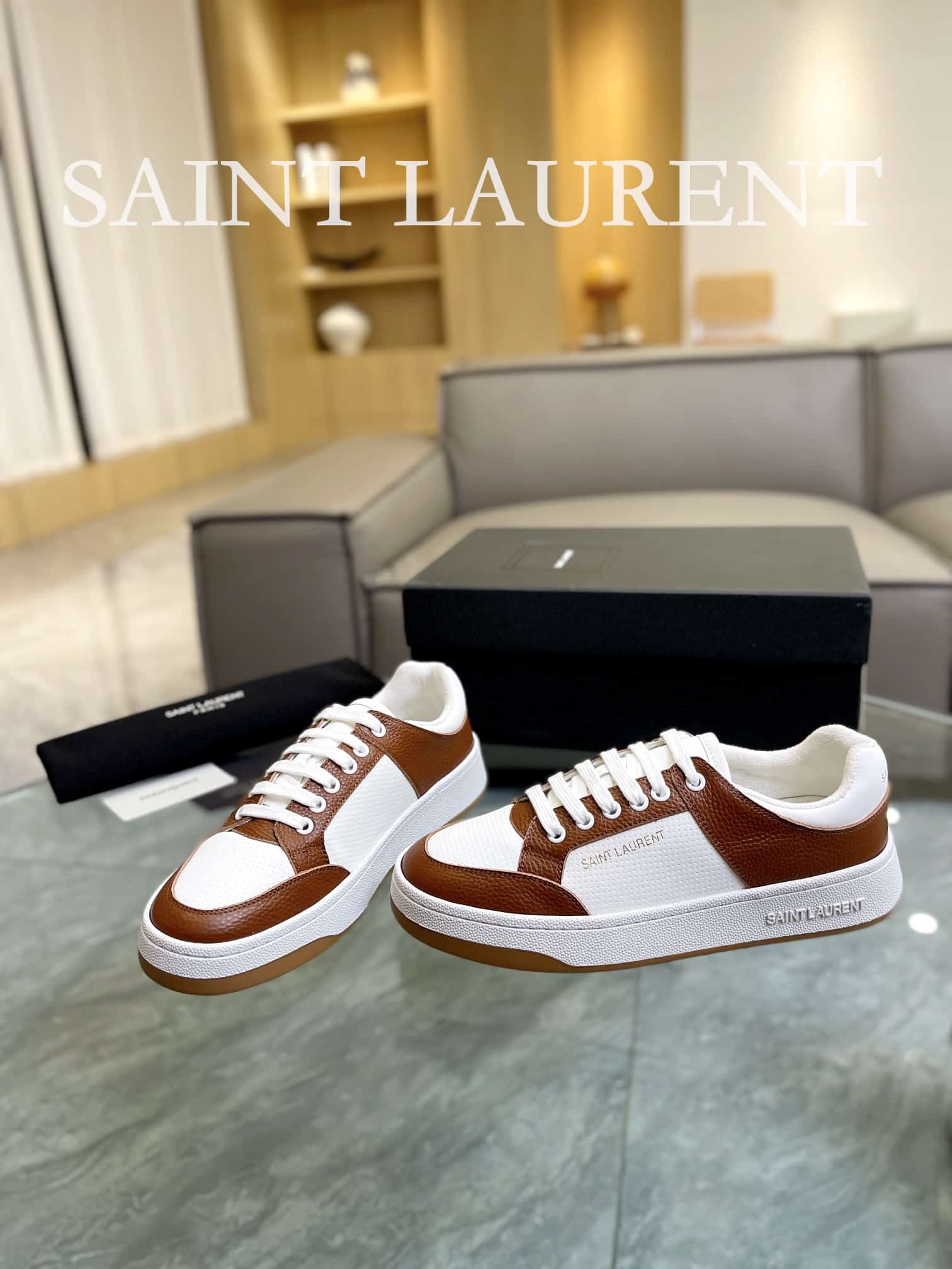 SAINT LAURENT PERFORATED LEATHER SNEAKERS BROWN - Image 5