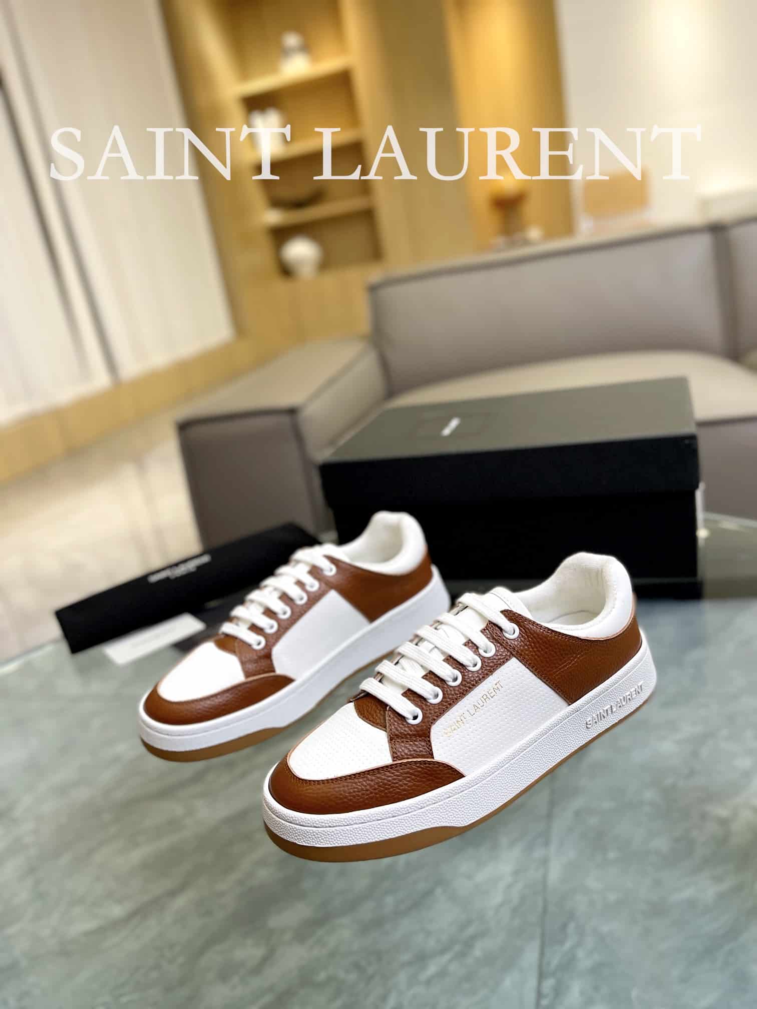 SAINT LAURENT PERFORATED LEATHER SNEAKERS BROWN - Image 6