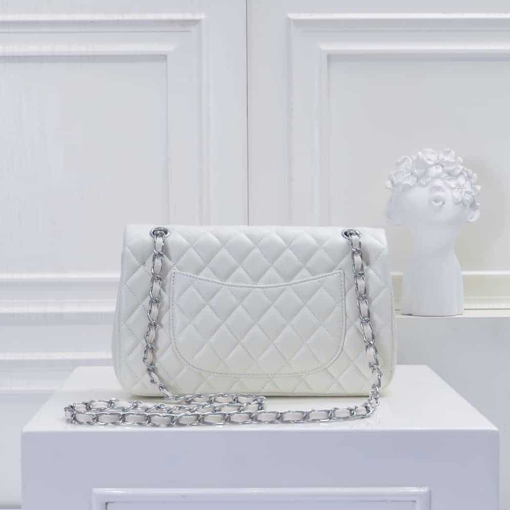 CHANEL CLASSIC DOUBLE FLAP BAG WHITE SILVER HARDWARE 25CM - Image 8