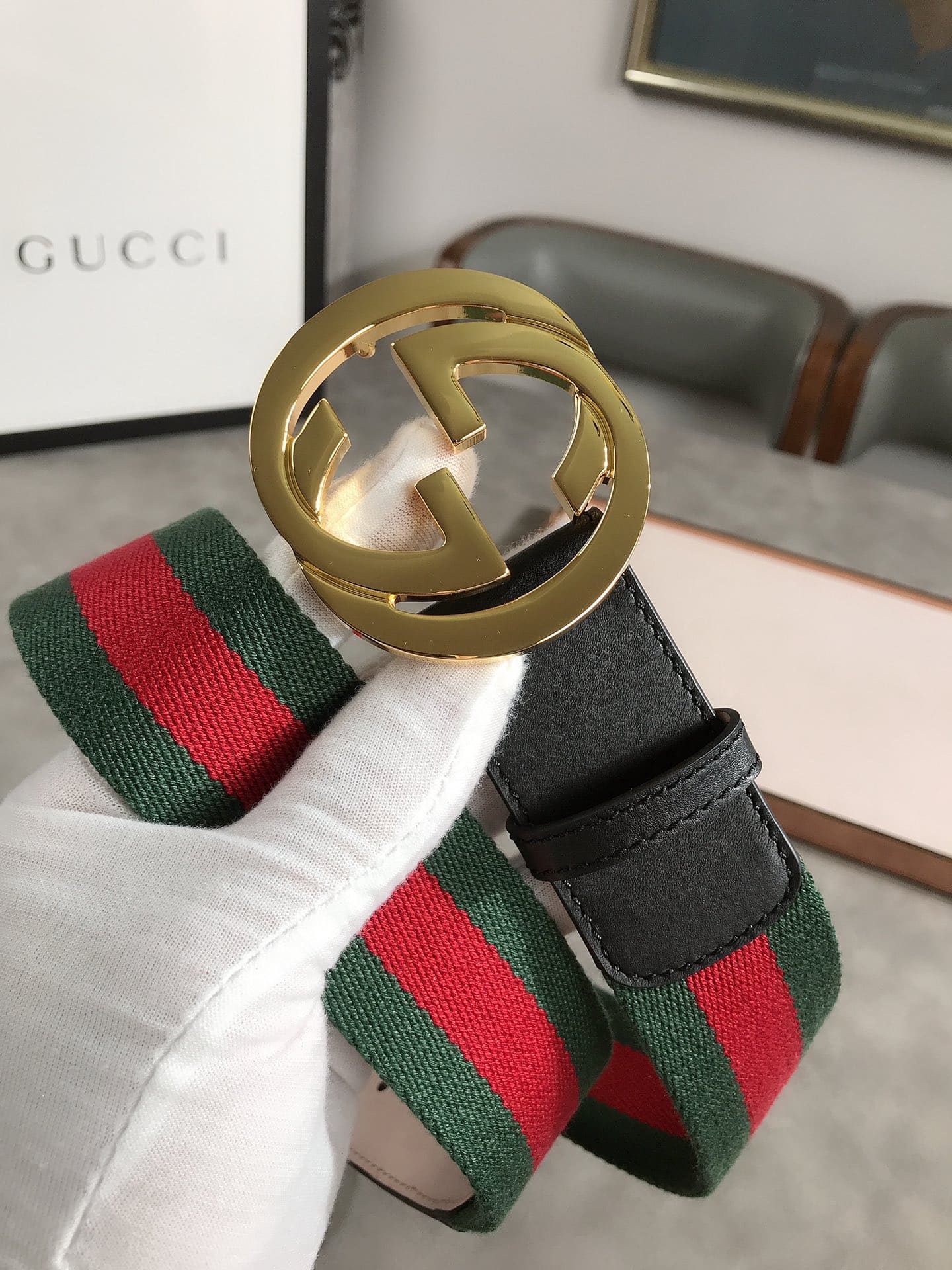 GUCCI WEB BELT WITH G BUCKLE GREEN 4CM - Image 2