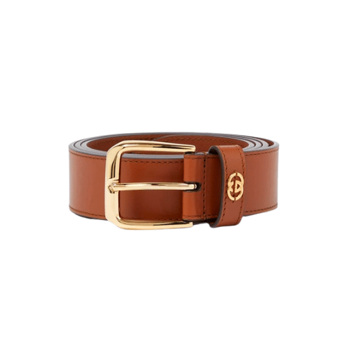 GUCCI BROWN BELT WITH SQUARE BUCKLE AND INTERLOCKING G GOLD MEATL 35MM