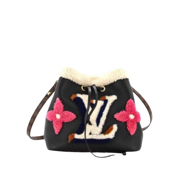 LOUIS VUITTON NEONOE HANDBAG LEATHER AND MONOGRAM TEDDY SHEARLING MM BLACK 25CM