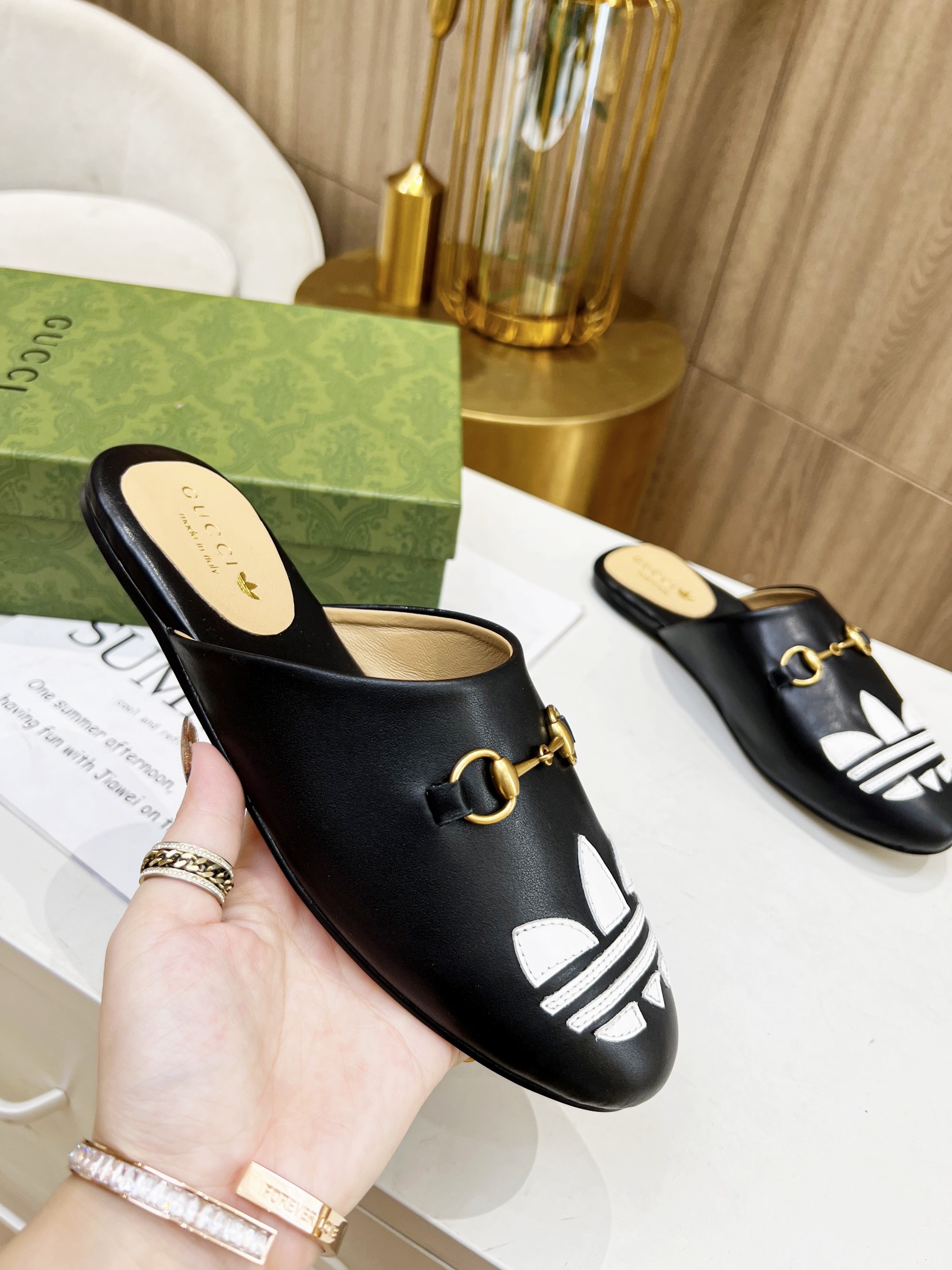 GUCCI X ADIDAS WOMEN'S TREFOIL SLIPPER LEATHER BLACK - Image 2