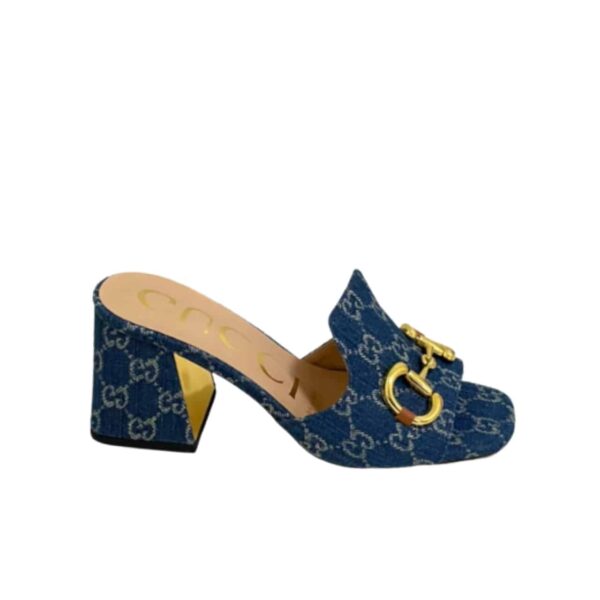 GUCCI WOMEN'S SLIDE MONOGRAM SANDAL WITH HORSEBIT BLUE