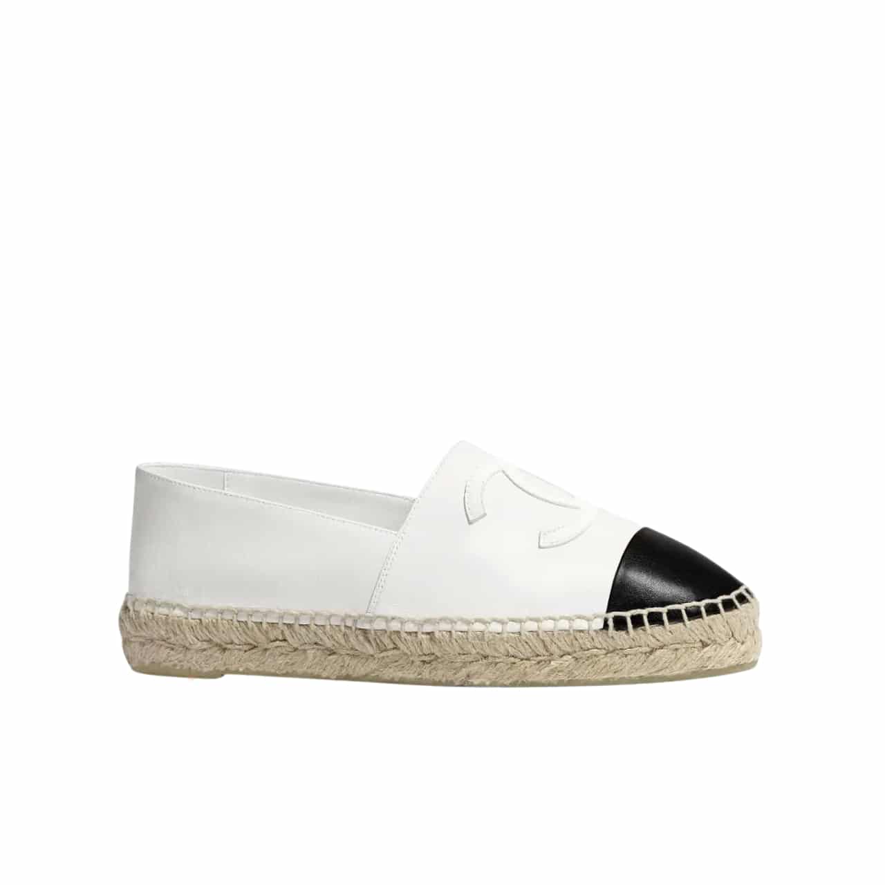CHANEL EMBROIDERED ESPADRILLE LEATHER BLACK CAP TOE FLATS WHITE CC