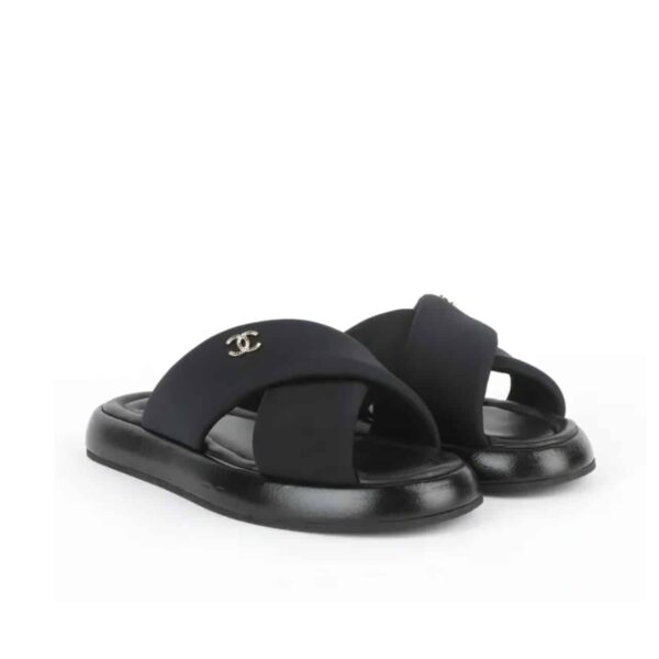 CHANEL CC LOGO CRISS CROSS SLIDES BLACK